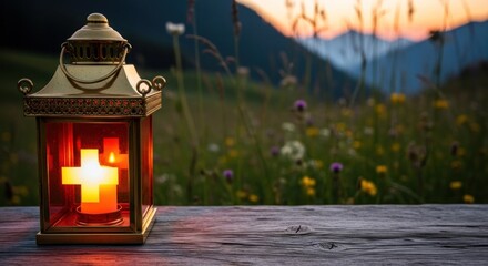 Golden lantern with red glass, candle cross, sunset meadow