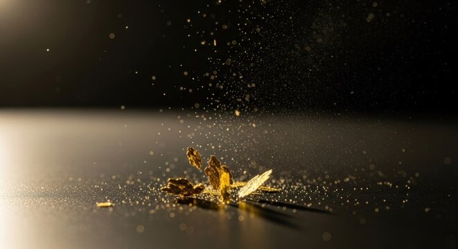 Golden particles explode around a cluster of delicate, leaf-like objects on a dark surface