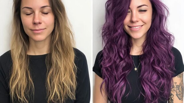 Transforming hair from natural waves to vibrant purple curls in a stunning beauty makeover