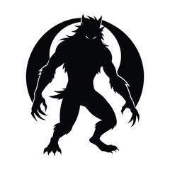 Silhouette of a menacing werewolf with glowing eyes against a circular background