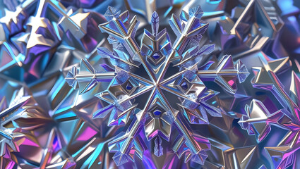 Iridescent silver snowflake under microscope