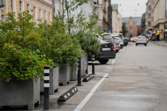 City street with wet pavement, parallel parked vehicles, roadside planters, and traffic bollards demonstrating urban parking structure and pedestrian-friendly design