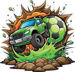 Green car jumping over soccer ball with green splash vector