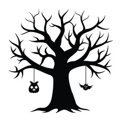 Spooky halloween tree silhouette with hanging decorations
