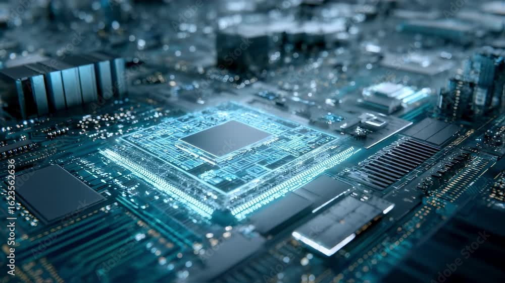 Poster futuristic cpu processes data on a complex motherboard, with glowing connections highlighting the in