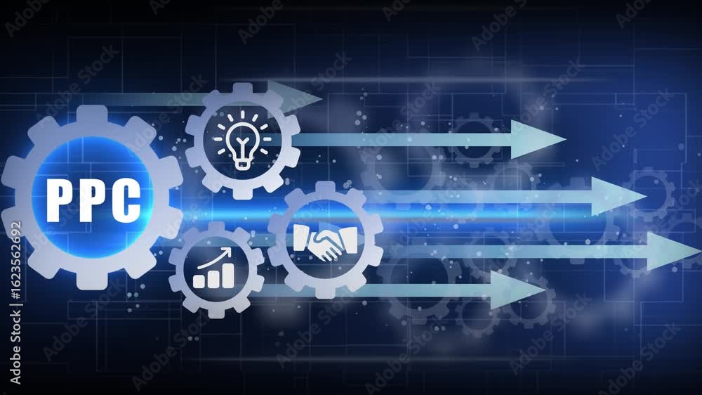 Poster ppc – pay per click. ppc concept head up display (hud ui) panel and futuristic technology abstract b