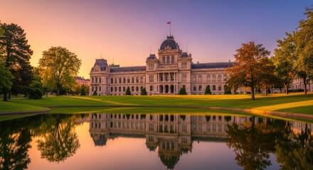 Grand building reflected in tranquil pond at sunrise