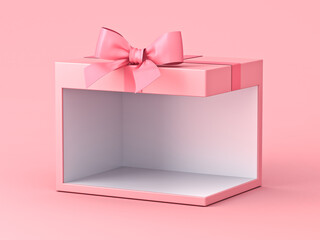 Blank exhibition booth product display gift box stand mockup with pink ribbon bow isolated on light pink pastel color background with shadow minimal modern unique creative idea concepts 3D rendering