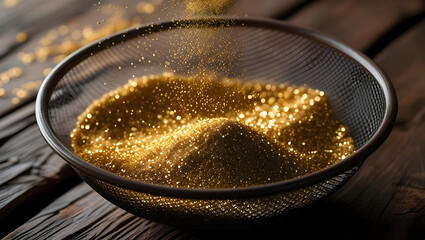 Golden particles in mesh bowl on wooden table