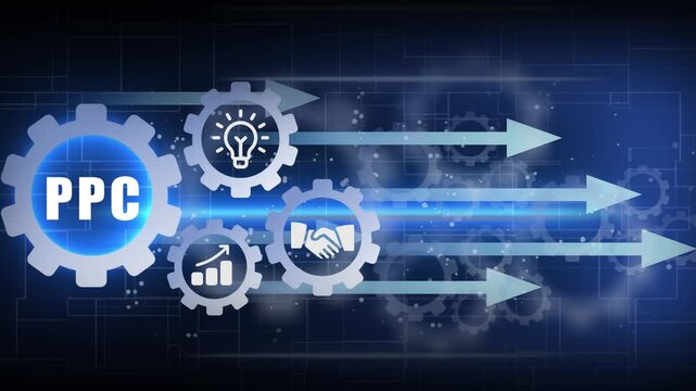 PPC &ndash; Pay Per Click. PPC concept head up display (HUD UI) panel and futuristic technology abstract background internet of things animation concepts.