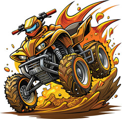 Orange quad bike rider with flames and dirt helmet goggles © Natural vibes