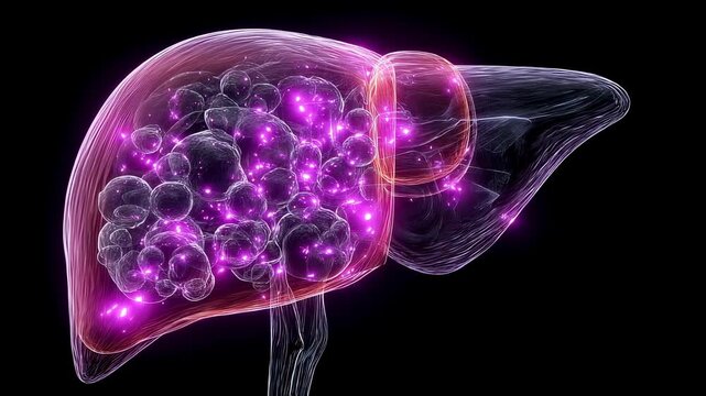 Medical illustration of liver with glowing purple ketone meter overlay emphasizing critical ketone buildup from excessive alcohol consumption.