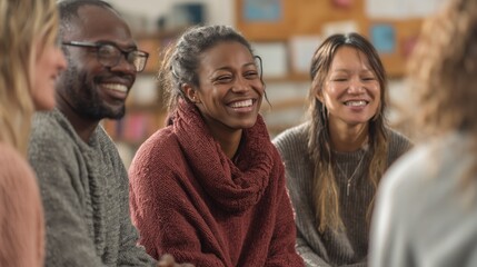 Fototapeta premium National Sickle Cell Awareness Month. Diverse group of people with sickle cell disease in supportive healthcare meeting, natural documentary-style photography