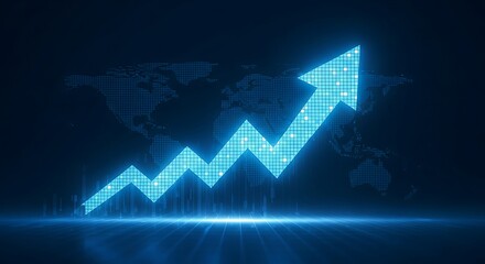 A glowing blue arrow chart indicates upward financial growth against a world map