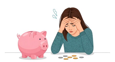 Worried woman with a piggy bank and scattered coins