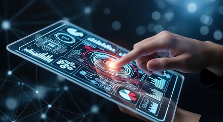 A hand interacts with a futuristic digital interface displaying complex data and analytics
