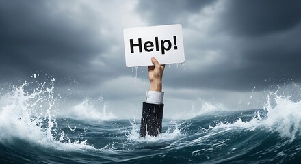 A persons hand holding a help sign emerges from stormy, turbulent waters, symbolizing a desperate plea for assistance