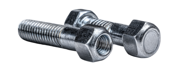 Two metallic bolts and nuts, close-up