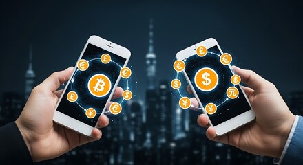 Hands hold smartphones displaying bitcoin and dollar symbols with currency icons