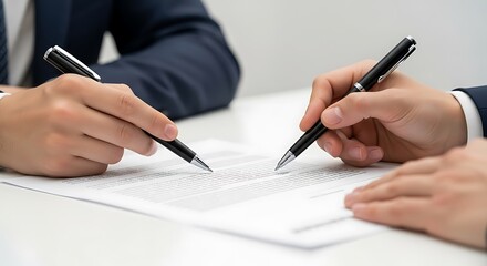 Two people in a business meeting, signing a contract with pens on a document