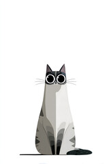 Minimalist illustration of a tall gray and white cat with large round eyes sitting calmly against a white background.
