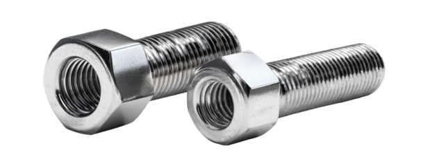 Two stainless steel nuts and bolts, close-up