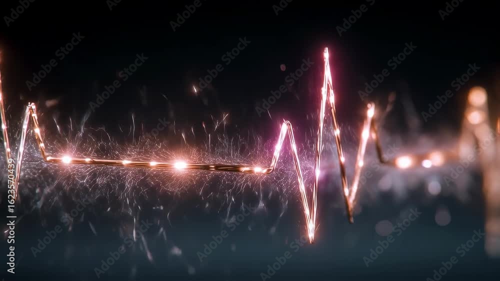 Poster macro shot of sharp neon sparks emerging from intricate ekg waveform on medical device screen repres