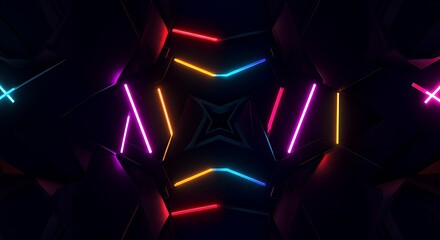 Abstract geometric pattern with colorful neon glowing lines on dark background for futuristic digital concepts and modern design projects