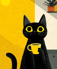 Cute digital illustration of a black cat with bright yellow eyes holding a yellow coffee cup in a cozy kitchen setting with warm sunlight.
