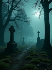 Foggy graveyard scene at night with crosses and eerie moonlight, perfect for Halloween. funeral