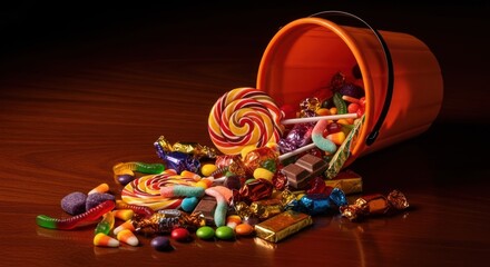 Halloween candy overflowing from an orange bucket