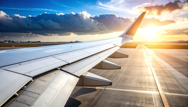 Airplane wing on tarmac at sunset (1)