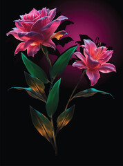 pink two flowes on stem in small leaves on dark background