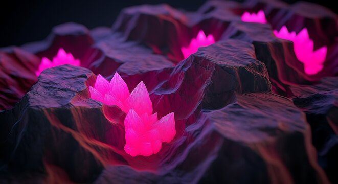 Glowing Pink Crystals in a Rocky Landscape Abstract Digital Art Creation Fantasy Scene Unique and Mysterious Illustration