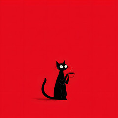 Minimalist illustration of a black cat with wide eyes holding a cup on a bold red background.
