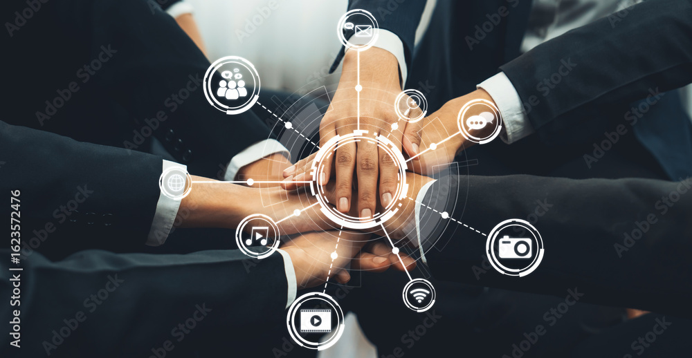 Poster a close-up of multiple hands joining together symbolizes teamwork and collaboration in a business se