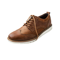 Photo of brown leather wingtip brogue oxford shoe with laces, isolated on transparent background, a stylish mens fashion accessory for formal or casual wear