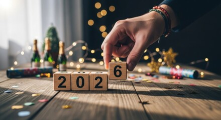 Hand placing a wooden block displaying the number 6, completing the year 2026 on a rustic wooden table, with celebratory items like champagne bottles, confetti, and fairy lights