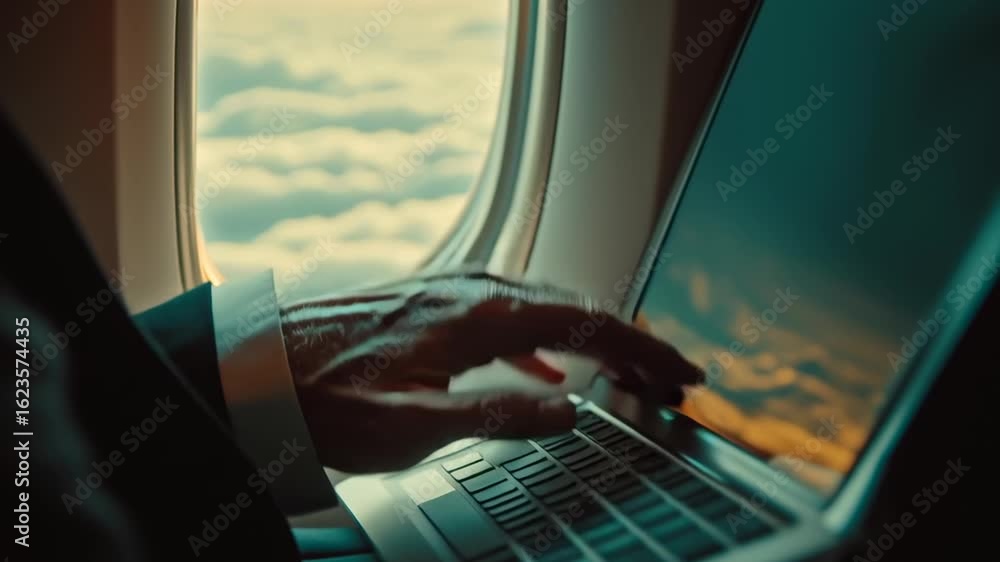 Poster a man is typing on a laptop while looking out the window. concept of productivity and focus, as the 