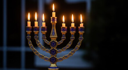 Hanukkah menorah with eight lit candles