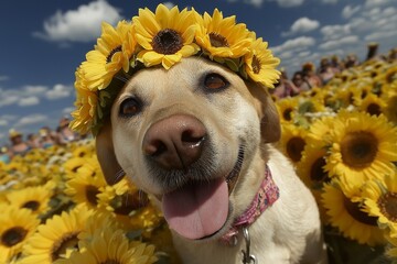 Happy Labordor wearing a sunflower crown in a field of flowers 