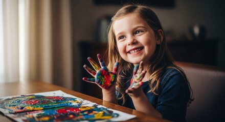 Fototapeta premium Happy child with painted hands at table