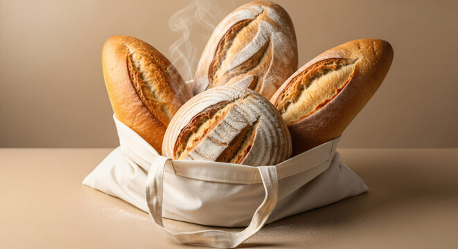 Freshly baked artisanal bread loaves steaming in a cozy fabric basket against a warm beige background
