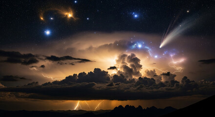 Spectacular night sky showcasing vibrant lightning storm and comet illuminating dramatic cloud formations over distant mountain range