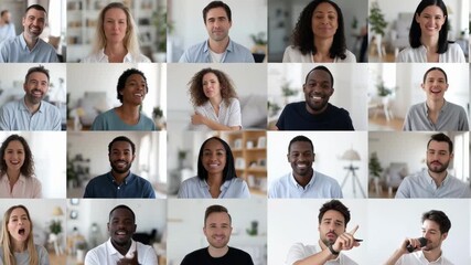 Diverse people smiling and interacting in video conference grid - Powered by Adobe