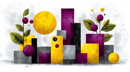 Retro-inspired background with circles, squares, and semi-circles in a balanced geometric layout with desaturated color blocks