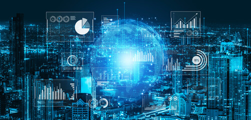 Real-time global data analytics dashboard visualizing insights from interconnected systems for...