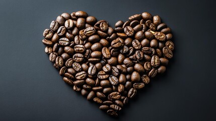 Heart-shaped arrangement of roasted coffee beans on a dark background, symbolizing love and passion for coffee.