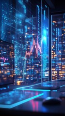 Futuristic interface showcasing data and analytics in a high-tech environment with glowing elements and graphs.