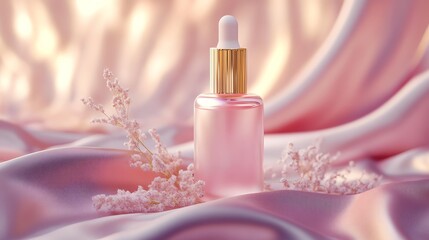 Elegant skincare serum bottle on soft pink silk, surrounded by delicate flowers, exuding luxury and beauty vibes.